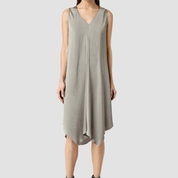 ALLSAINTS Dresses & Skirts - AllSaints Haze Dress Gray Satin Midi Asymmetrical Hem Japanese Cloth US 4